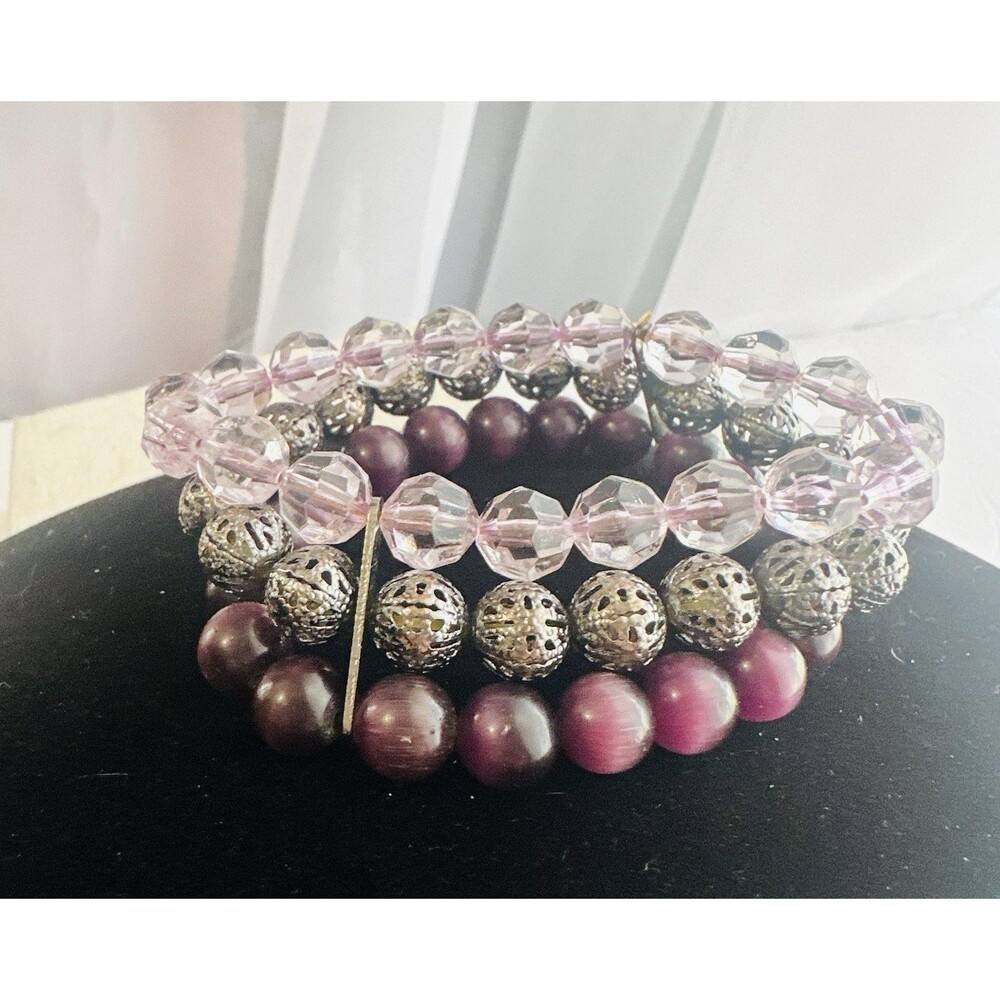 Vintage Purple Pink Acrylic Bead 3 Row Stretch Cuff Bracelet Silver Tone Boho
